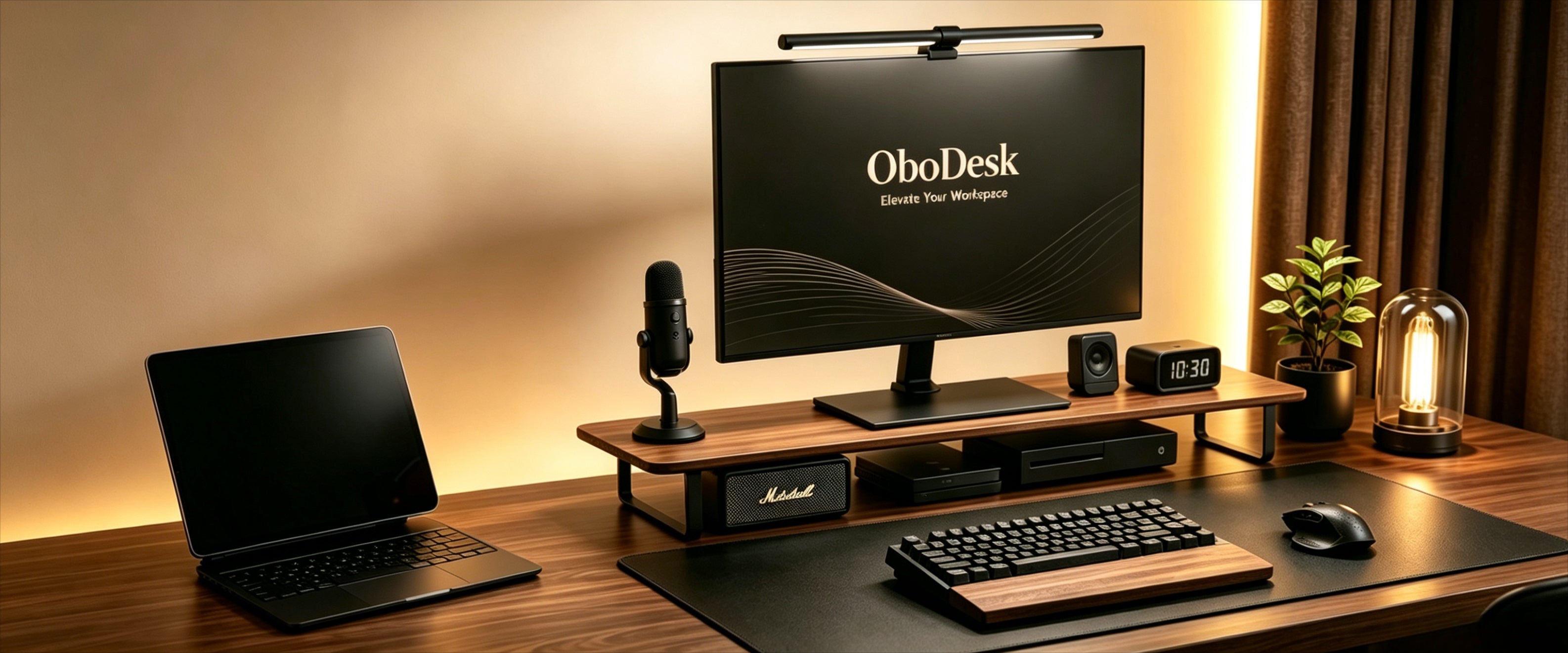 OboDesk desktop system with monitor, light bar, desk riser, keyboard, mouse, desk mat, and warm workspace lighting